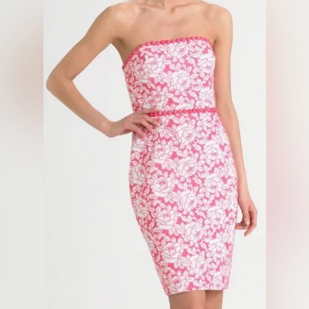 Lilly‎ Pulitzer Allegra White Pink Roses Beaded Strapless Eyelet Lace Dress 6